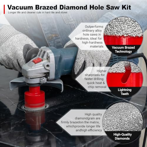 Diamond Hole Saw Kit, Tile Hole Saw Kit Vacuum Brazed 11Pcs (1/4"-5") - size: 6/8/10/25/35/50/75/127MM/2"/20MM