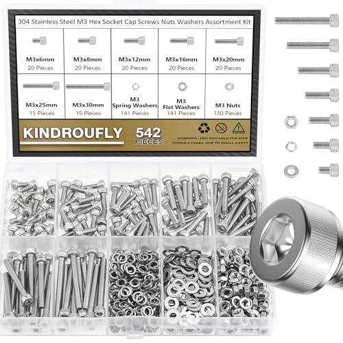 542 Pieces M3 x 6/8 /12/16 /20/25 /30mm Hex Socket Head Cap Screws Nuts Washers Assortment Kit, 304 Stainless Steel, Fully Machine Thread - size: M3, style: Socket Head