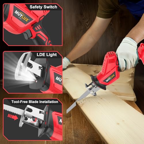 Cordless Reciprocating Saw, Electric Saw with Battery and Charger, 20V Battery Power Saws, 0-3500 SPM Variable Speed, Tool-Free Change, 4 PCS Blades for Wood PVC Metal Pipe Tree Cutting, 2 Batteries - style: Red 2 Batteries