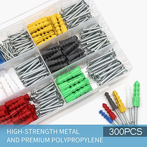 Drywall Anchors and Screws Kit 300Pcs, 150 Wall Anchors, 150 Drywall Screws, Including 6 Different Sizes