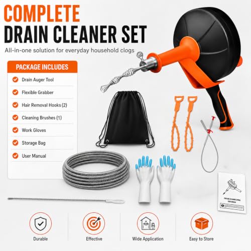 25FT Drain Auger with Drill Adapter, Plumbing Snake Clog Remover for Sinks
