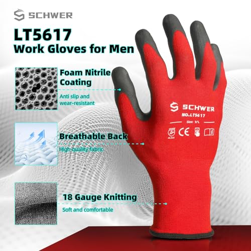 Schwer Ultra-Comfort Safety Work Gloves MicroFoam Nitrile Coated, Seamless Knit Nylon Glove for Men and Women, 6/12 Pairs, Abrasion Resistant, Non Slip, Breathable, LT5617, M - color: Red, size: Medium