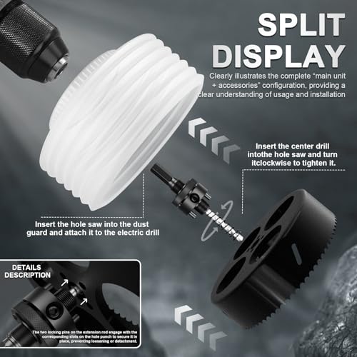 Bi-Metal Hole Saw 4-1/4 Inch with 4-Hole Hollow Center Design & Dust Bowl Catcher – 108mm Hole Cutter for Recessed LED Lights, Cuts Wood, Metal & Drywall, Ideal for Lighting Installation - size: 4-1/4" & BLK