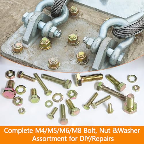 1020PCS Grade 8.8 Metric Bolt Assortment Kit -M4 M5 M6 M8 Heavy Duty Hex Bolts & Nuts with Washers,Yellow Zinc Plated(12-30mm), Automotive/Furniture Hardware,Assorted Metric Fasteners for DIY & Repair