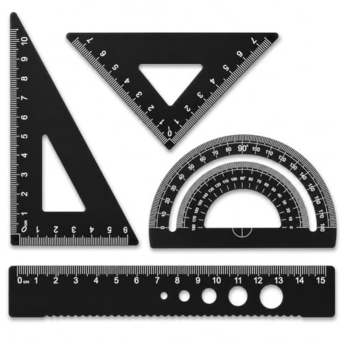 4 Pcs Metal Triangle Ruler Set, Geometry Set with Protractor and Straight Ruler, Metric 6 Inch Drawing Rulers with Storage Box Math Drafting Measuring Tool for Engineers Draftsmen Office Supplies Blac
