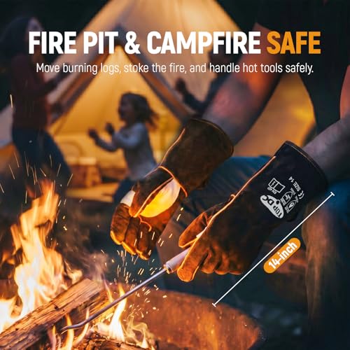 TOPDC 14Inch Welding Gloves 482°F Heat Resistant Leather for Fire Pit Grill - color: 14 Inch Black-gray