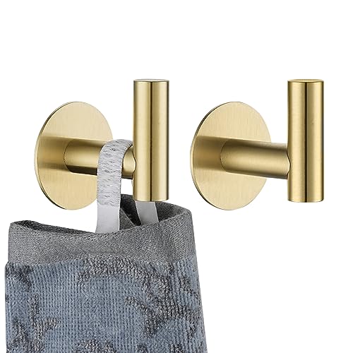 JQK Self Adhesive Towel Hook Gold, No Drill Stick on Coat Robe Clothes Wall Hook for Bathroom Kitchen Garage 2 Pack, 304 Stainless Steel Brushed Gold, ATH110-BG-P2 - color: Brushed Gold, size: 2 Pack
