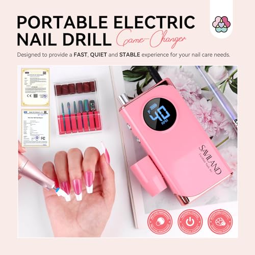 SAVILAND Electric Nail Drill Professional: 40000RPM Pink Rechargeable Portable Electric Nail Filer with 6000mAh Battery, for Shaping, Removing & Polishing Acrylic Nails Home Salon Manicure Gift - color: H -Light Pink