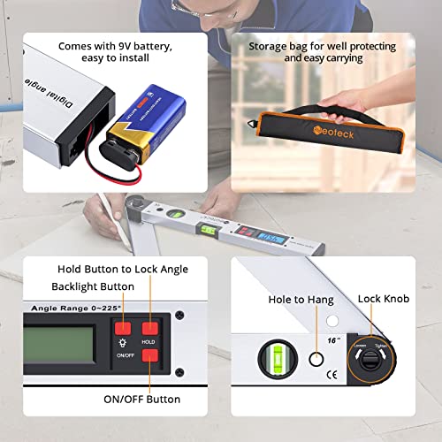 Neoteck 16 inch Digital Angle Finder 225°Aluminum Protractor LCD Backlight - color: Silver