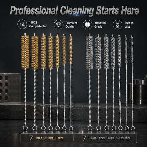 14PCS Tube Cleaning Brush Set, 7 Brass & 7 Stainless Steel Wire Brushes, 12-Inch Long Pipe Cleaner Kit, 7 Sizes Round Bore Brushes for Fuel Lines, Auto and Engine Parts