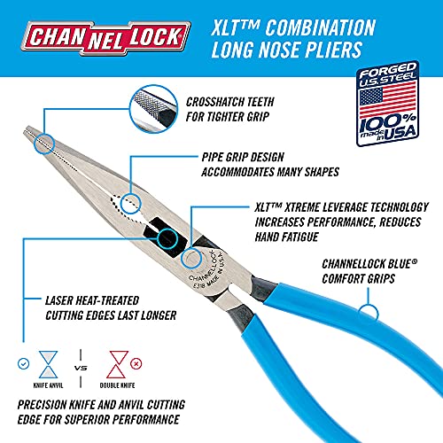 Channellock Needle-Nose Pliers E318 - Long Nose, High Carbon Steel, Blue Handle - 8-Inch Combination - size: 8 Inch Combination Long Nose