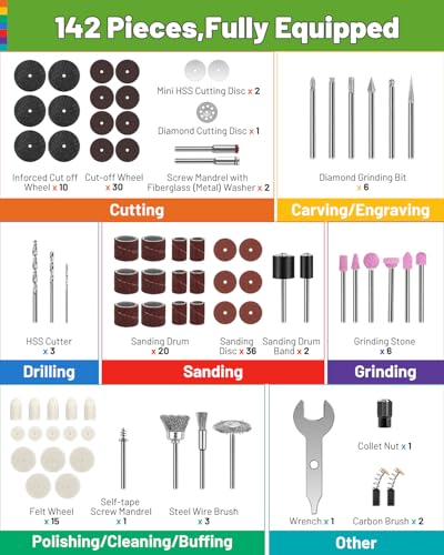 PHALANX Rotary Tool Accessories Kit,142 Pieces Universal rotary tool Bit Set for Easy Cutting, Polishing, Sanding, Grinding, Sharpening, Engraving, Carving, Drilling PRA1420