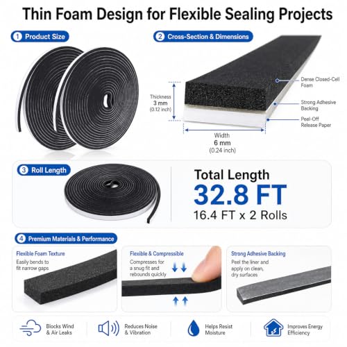 Thin Weather Stripping Foam Tape for Door & Window Seal | 1/8 Inch Thick Self Adhesive Foam Strip for Narrow Gaps, Draft Blocking, Noise Reduction & Vibration Cushioning - size: 1/4in x 1/8in x 32.8FT