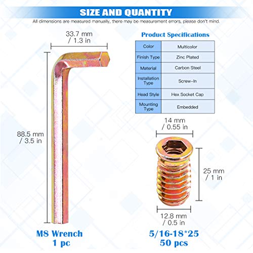 Glarks 50Pcs 5/16"-18 x 25mm Threaded Inserts Nuts Zinc Plated Carbon Steel Hex Socket Drive Furniture Flanged Screw-in Nut with M8 Hex Wrench for Wood Furniture (5/16''-18 x 25mm) - size: 5/16"-18 x 25mm