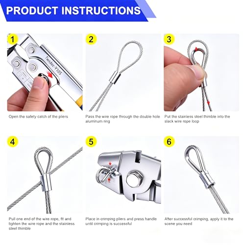 Twidec/Wire Rope Crimping Tool Up To 2.2mm Swaging Tool With 160PCS 1/16''Aluminum Crimping Loop Sleeve And 66FT 1/16'' 304 stainless steel Wire Rope 12PCS Wire Rope Thimbles Kit - style: 66FT