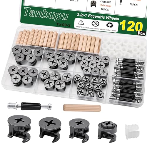 120 Pcs Cam Locks for Furniture Connecting Fittings, 3 in 1 Cam Connector Bolt Fittings Fasteners Hardware Parts for Drawer Dresser Cabinet（Black - size: 120pcs-black