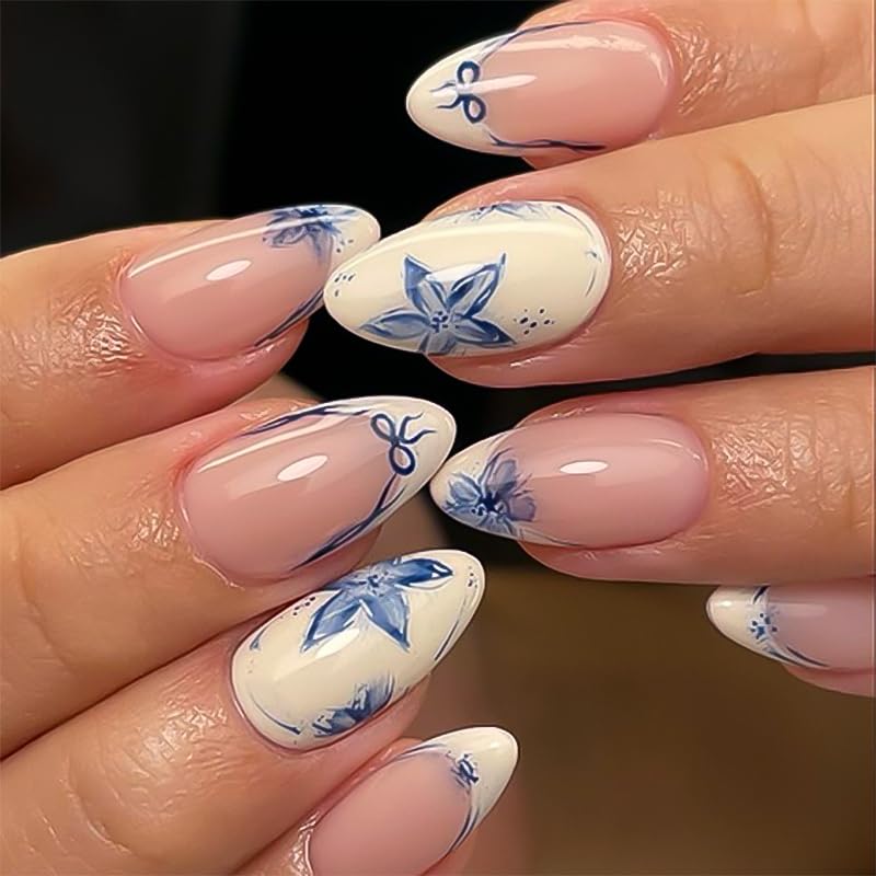 Blue French Tips Press On Nails Medium Almond, Flower Sticke On Nails, Salon Quality. Floral Designer Reusable Acrylic Fake Nails Press Ons, Spring-Summer Ready Daily Wear Press-Ons for Women - color: LF3757-Blue Flower French, size: 24 Pieces (Pack of 1)