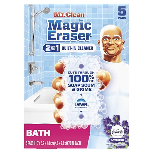 Mr. Clean Magic Eraser Sponge, Bathroom Cleaner, Shower Cleaner, Tub Cleaner, Soap Scum Remover, Bathroom Cleaning Supplies, Dawn Cleaning Power with Febreze Lavender Scent, 5ct - size: 5 Count (Pack of 1)