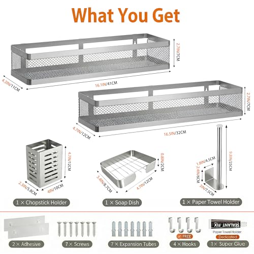 PUSDON 5-in-1 16.5" Extra Long Slim Wall Mount Wrapped Mesh Kitchen Organizer & Shower Caddy Kit, with Paper Towel Holder, Utensil Holder, Soap Dish, Holds 50LBS - Silver Gray, Netting - color: Silver Grey, size: 5-in-1 Full Mesh (16.5" Extra Long)
