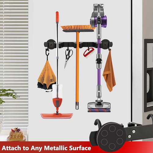 ULIBERMAGNET Magnetic Mop Broom Holder,Heavy Duty Movable Magnetic Broom Holder Rack,Anti-slip Wall Mounted Utility Storage Mop Shovel Hanger for Garage, Kitchen, Laundry, Garden(3 Racks / 4 Hooks) - style: 1 SET 3 Slot / 4 Hooks Magnetic Mop Rack