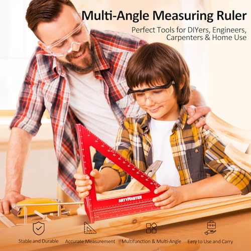 8 inch 3D Multi-Angle Measuring Square Ruler, WT103B High Precision Hole Scribing Woodworking Tools, 0-90° Aluminum Alloy Carpenter Square Wood Working Tools, Carpenter Pencils 6 Refills. - color: 8 inch Square+Pencil, style: Imperial