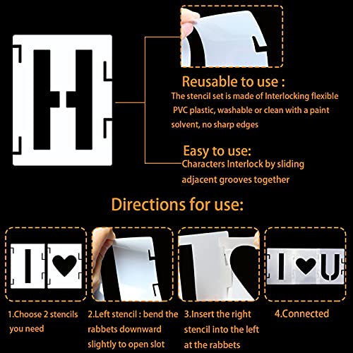 YEAJON 4 Inch Letter Stencils Symbol Numbers Craft Stencils, 42 Pcs Reusable Alphabet Templates Interlocking Stencil Kit for Painting on Wood, Wall, Fabric, Rock, Chalkboard, Sign, DIY Art Projects - size: 4 inch