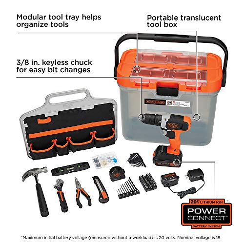 BLACK+DECKER 20V MAX Drill with Home Tool Kit, 64-Piece (BCKSB62C1)