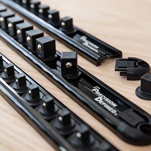Precision Defined Aluminum Tool Socket Holder 3-Piece Set | Black, 1/4-Inch x 16, 3/8-Inch x 16, 1/2-Inch x 14 Clips | 360 Rotation - Heavy Duty Socket Rails Organizer - color: Black