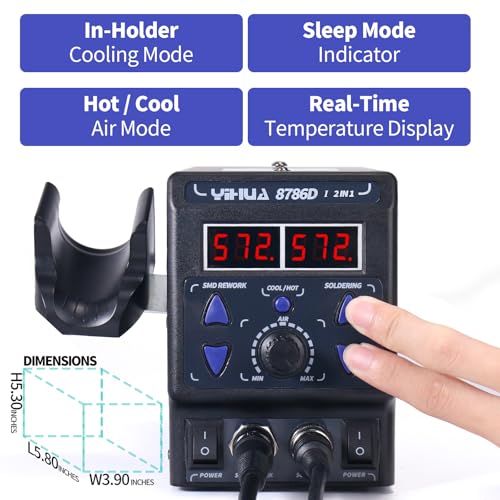 YIHUA 8786D I 2 in 1 Hot Air Rework and Soldering Iron Station with 10 Solder Iron Tips, 4 Hot Air Nozzles, °F /°C, Cool/Hot Air Conversion and Sleep Function
