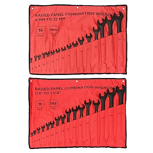 ABN Combination Wrenches Set Metric and Standard - 32 Piece SAE and Metric Wrench Set with Roll Up Pouch - size: SAE and Metric