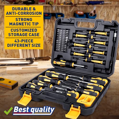 Magnetic Screwdrivers Set with Case, Amartisan 43-piece Includs Slotted, Phillips, Hex, Pozidriv,Torx and Precision Screwdriver Set, Magnetizer Demagnetizer Tools, Tools for Men - style: 43-piece Screwdrivers Set
