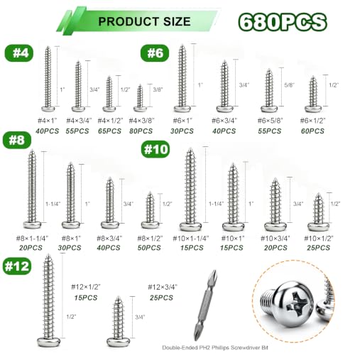 680PCS Wood Screws Assortment Kit,304 Stainless Steel Pan Head Screws, #4#6#8#10#12 Sheet Metal Screws Length 1/4" to 1-1/2",Self Tapping Screws Set - size: 681PCS-SV