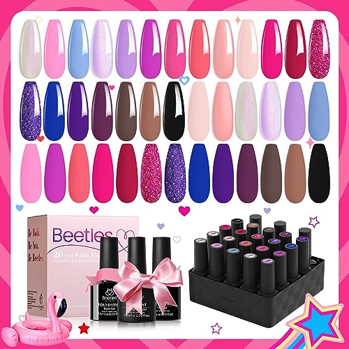 Beetles Pink Gel Nail Polish, Red Purple Nude Blue Glitter 20 Colors Gel Polish Set Romance Rebellion with Base & Top Coat, Soak off Uv LED Cured Nail Art Design Salon Home Gift for Women - color: 20 Colors Romance Rebellion