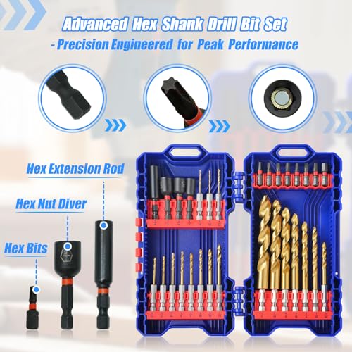 Handree 30pcs Hex Shank Stepped Point Drill Bit Set, No Pilot Hole Needed, 1/16"-1/2" for Impact Drivers, Titanium Drill Bits for Metal, Steel & Acrylic, Industrial, MRO & DIY Use - size: 30pcs Step Point Hex