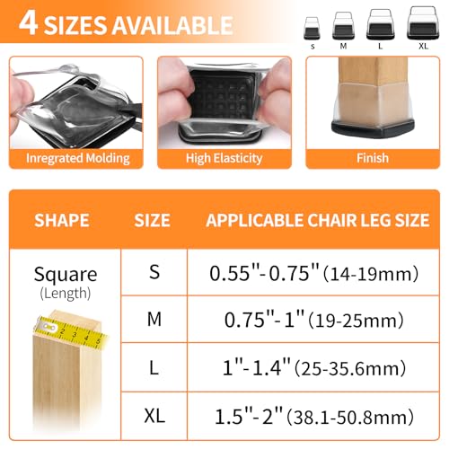 Ezprotekt 24 Pcs Chair Sliders for Carpet, Square Chair Glides for Carpet, Carpet Teflon Furniture Sliders Pads, Chair Leg Protectors Caps for Carpet - for Dining Table Chair, Black XL(Fit: 1.5"-2") - size: XL-Clear