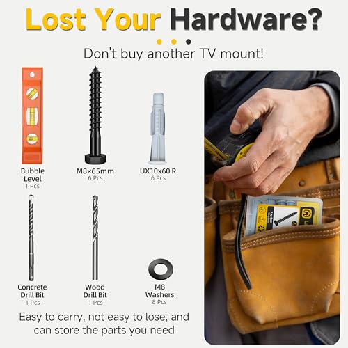 Mywish TV Mount Screws Kit, Lag Bolts for TV Wall Mount with 2X Drill Bits, M8x65 Lag Screws, 10x59 Wall Anchors, Washers, Bubble Level for Wood Stud Brick Concrete Drywall, TV Mounting Hardware Kit