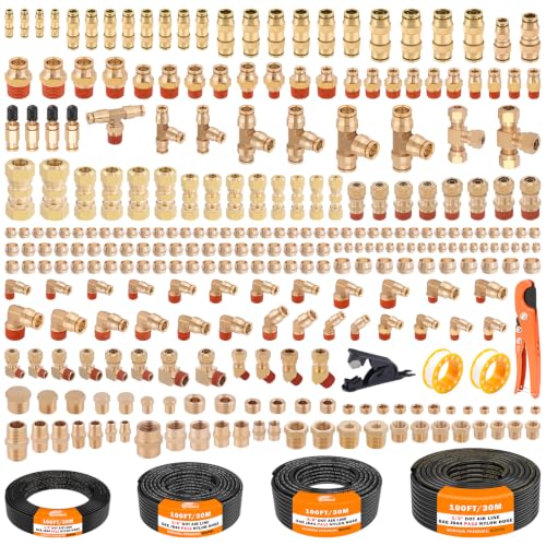 CheeMuii 288PCS Brass DOT Air Line Fittings with 4 Roll 100FT DOT Air Lines - size: 100FT-4ROLL-288PCS