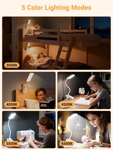 Clip on Lamp, 9 Brightness+5 Colors Reading Lights for Books in Bed Lamp - color: White