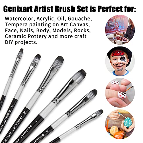Genixart Filbert Paint Brush Set - Art Paintbrushes Acrylic Oil Watercolor - size: Filbert - 6 Pcs