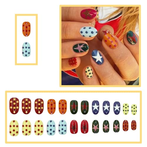 Short Almond Press On Nails Colorful with Y2K Star Polka Dots - color: Style5