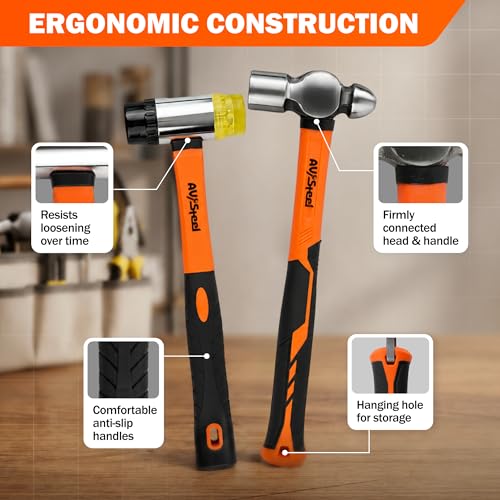 AV Steel 5-Pack Mallet Hammer Set - 32oz Rubber Mallet, 33mm Double-Faced Mallet, 16oz Claw Hammer, 16oz Ball Peen Hammer & 3lb Sledge and Gloves for DIY and Home Repair