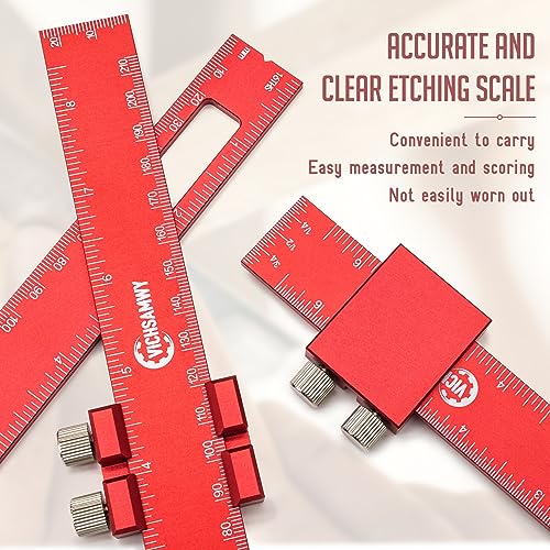 Precision Metal Slide Stop Scribing Ruler - 12, 8 & 6 Inch, Adjustable Measuring & Marking for Woodworking - color: Red