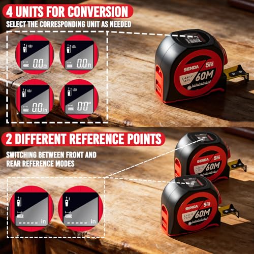 SENDA 3-in-1 Laser Tape Measure - 197Ft Rechargeable Laser Measuring Tape with Led Display & 16Ft Measuring Tool with Magnetic Hook & Auto Lock -20 Data Sets,Pythagorean/Area/Volume,Ft/Ft+in/in/M Unit - color: Red(USB-C Charge), size: 197 FT