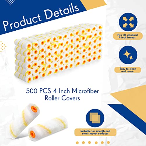 Leumoi 500 Pcs 4 Inch Paint Roller Mini Rollers Covers 1/2" Nap Microfiber Roll Covers Bulk, Small Home Repair Tools Refills House Painting Supplies Household for DIY(Yellow) - color: Yellow