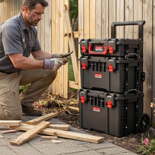 JEKO&JEKO 3-Piece Rolling Modular Tool Box System with Large Rolling Tool Box & Small Parts Organizer for Garage Storage, DIY Projects, Professional Use & Home Repairs