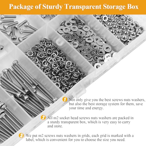 565 Pieces M2 Screws Nuts Washers Set, Sutemribor M2 x 4/6/8/10/12/16/20mm Hex Socket Head Cap Screws Nuts Washers Assortment Kit, 304 Stainless Steel, Fully Threaded - size: M2, style: Socket Head