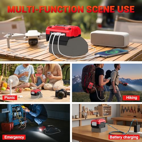 140W Battery Bidirectional Charger Compatible with Milwaukee 18V Battery | Dual USB-C 140W Output, Single USB-A 18W Output, Maximum Output of 280W, 700LM LED Work Light & LED Display (No Battery) - color: Red