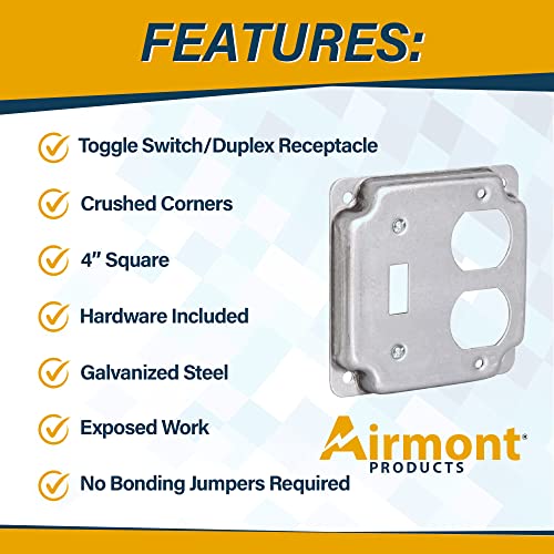 Pack of Box and Cover 4'' Square Electrical Box, 1 Toggle Switch, 1 Duplex Receptacle Exposed Work Cover, Crushed Corners, Welded Construction, Ten 1/2'' and Six TKO Knockouts, Raised Ground, 2-1/8'' - size: Duplex / Toggle