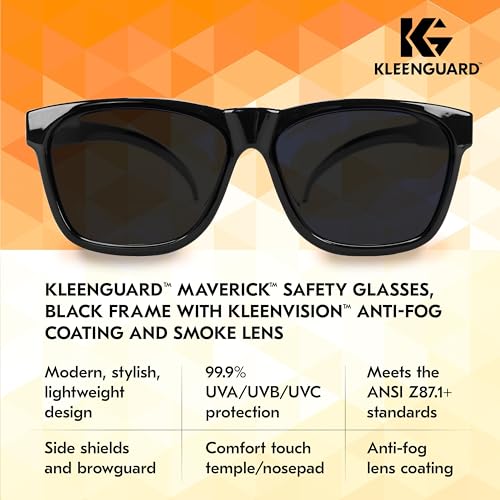 KleenGuard™ V30 Maverick™ Safety Glasses (56569), Smoke Lenses with KleenVision™ Anti-Fog coating, Black Frame, Carrying Case, Unisex Sunglasses for Men and Women - color: Black Frame/Smoke Lenses