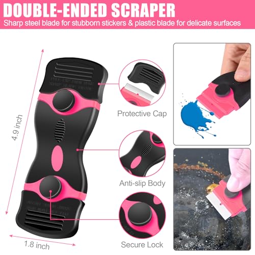 NECAMOCU 4 Pack Razor Blade Scraper, Includes 50 PCS Metal & Plastic Blades - color: Pink